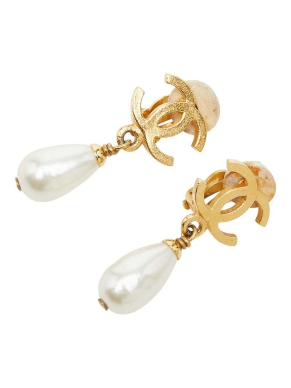 Chanel CC Logo Vintage Earrings Gold Faux Pearl Plated - Picture 2 of 6